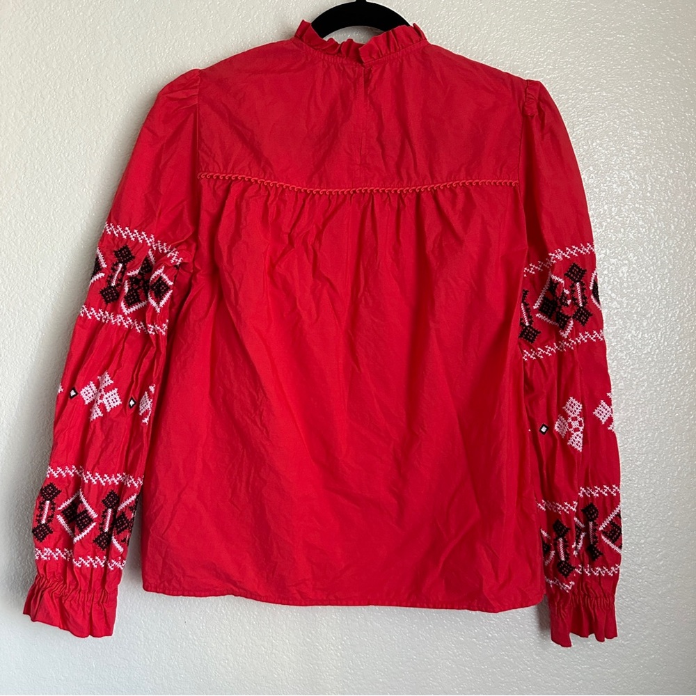 Zara Womens Red Embroidered Boho Blouse Cotton Sz Small - Picture 6 of 8